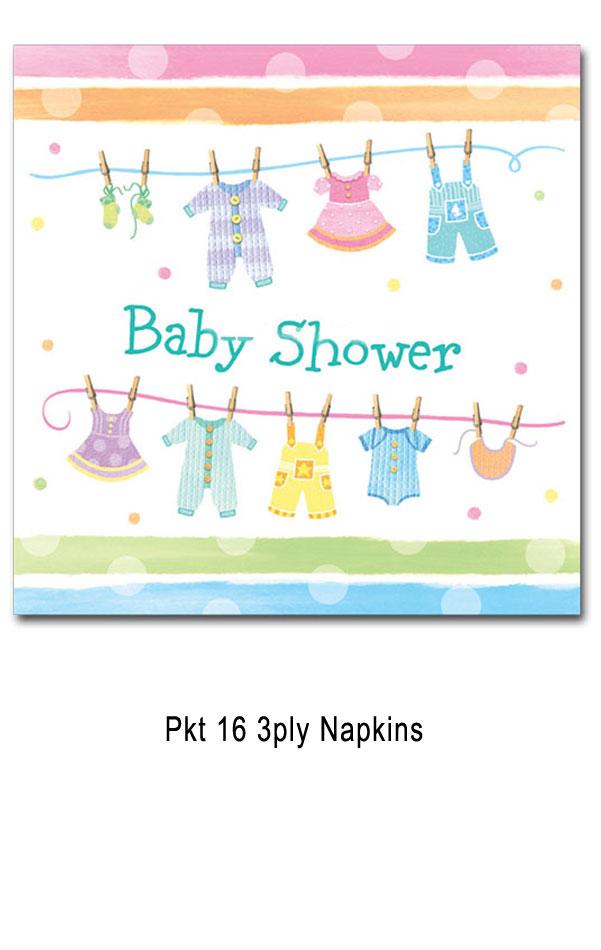 Pack of 16 Baby Shower 3ply Paper Napkins printed with the Baby Clothes deisgn by Creative Party and available as part of the range of baby shower party goods from Karnival Costumes.