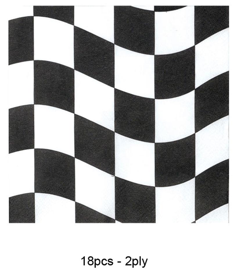 Pk 18 black and white chequered Motor Racing Grand Prix Paper Luncheon Napkins 2ply by Creative Party 660944 available from Karnival Costumes online party shop