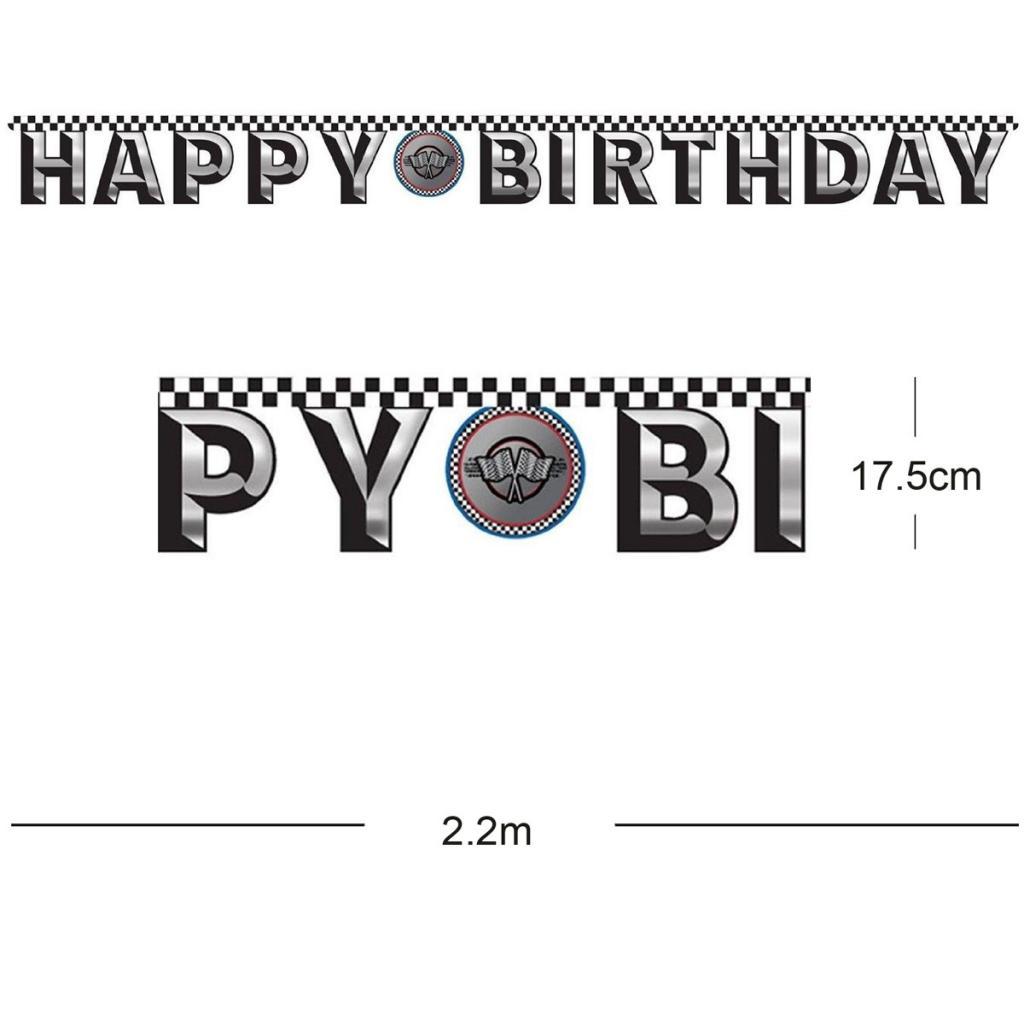 12ft Grand Prix Racing Birthday Letter Banner in metallic foil card by Creative Converting 295974 available from Karnival Costumes online party shop