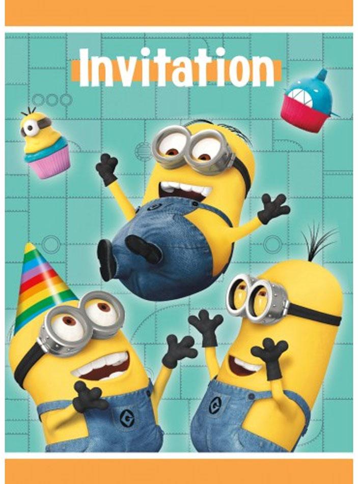Pack of 8 Minions themed Party Invitations with Envelopes by Unique 44164 and available from Karnival Costumes online party shop