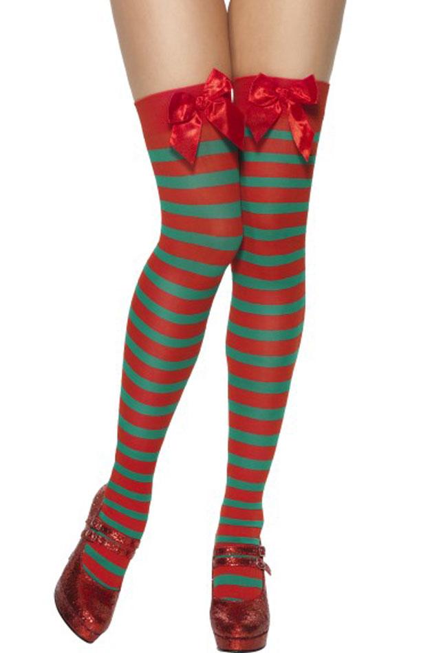 Red and Green Candy Striped Elf Thigh Highs by Smiffys 33640 available here at Karnival Costumes online party shop