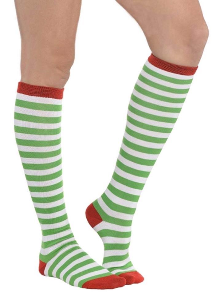 Green Striped Christmas Elf Socks for Ladies by Amscan 392383 available here at Karnival Costumes online Christmas Party Shop