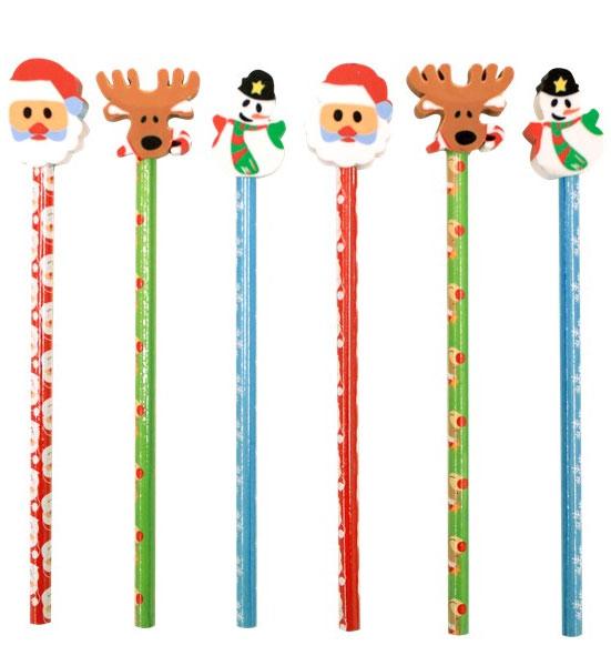 Pack of 6 Christmas Novelty Pencils with Eraser Tops perfect for stocking fillers or treat bags. Available here at Karnival Costumes online Christmas party shop