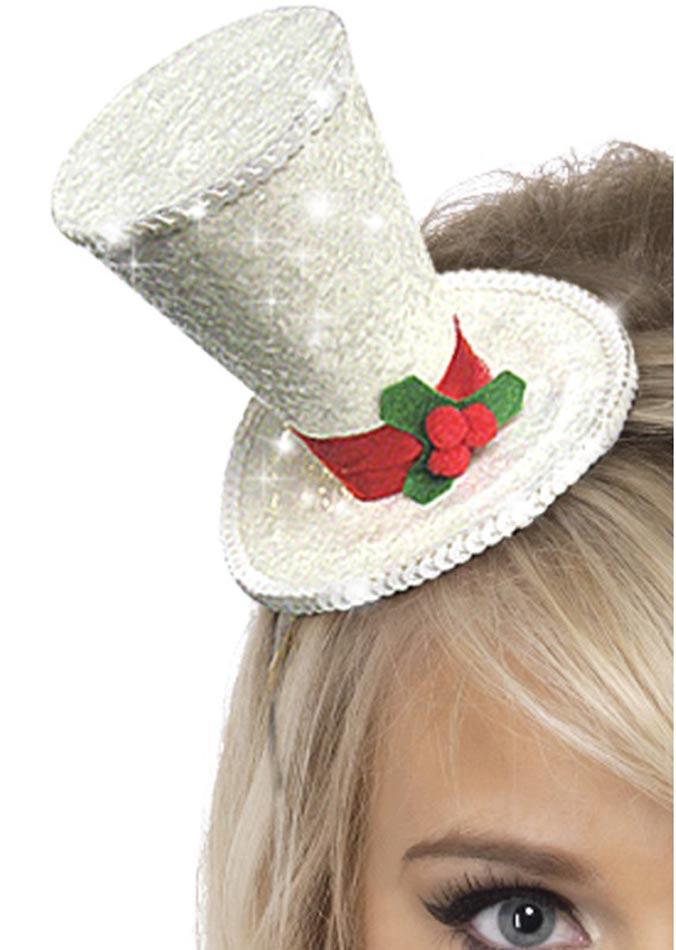 Christmas Mini Top Hat in White Sparkle by Smiffys 22046 available here at Karnival Costumes online Christmas party shop