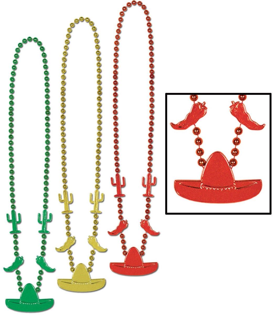 Pack of 3 Fiesta Bead Necklaces in red, gold and green each being decorated with a matching catus and chilli pepper on either side and a sombrero at the centre. By Beistle 50372 and avaiable in the UK here at Karnival Costumes online party shop