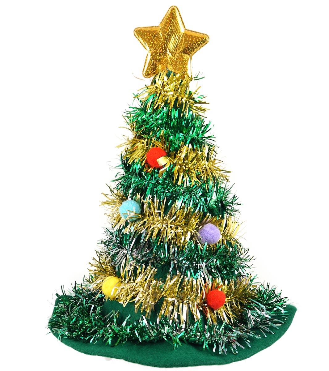 Green Novelty Christmas Tree Hat with Gold tinsel, coloured baubles and big gold star. By Henbrandt W09855 available here at Karnival Costumes online Christmas party shop