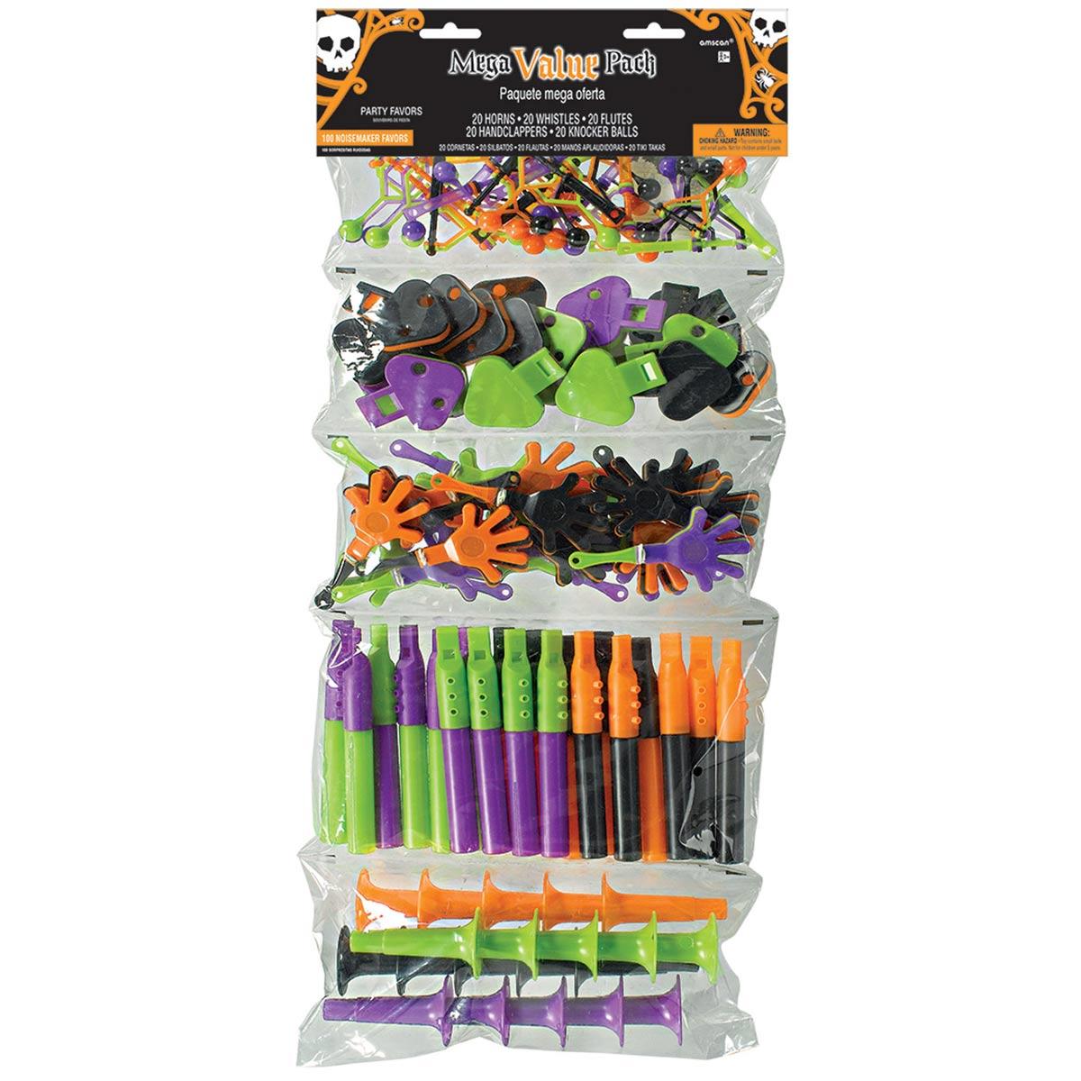 Mega Mix Halloween Favours - 100pcs whistles, hand clappers, horns, flutes and mini-clappers by Amscan 398724 available here at Karnival Costumes online Halloween party shop