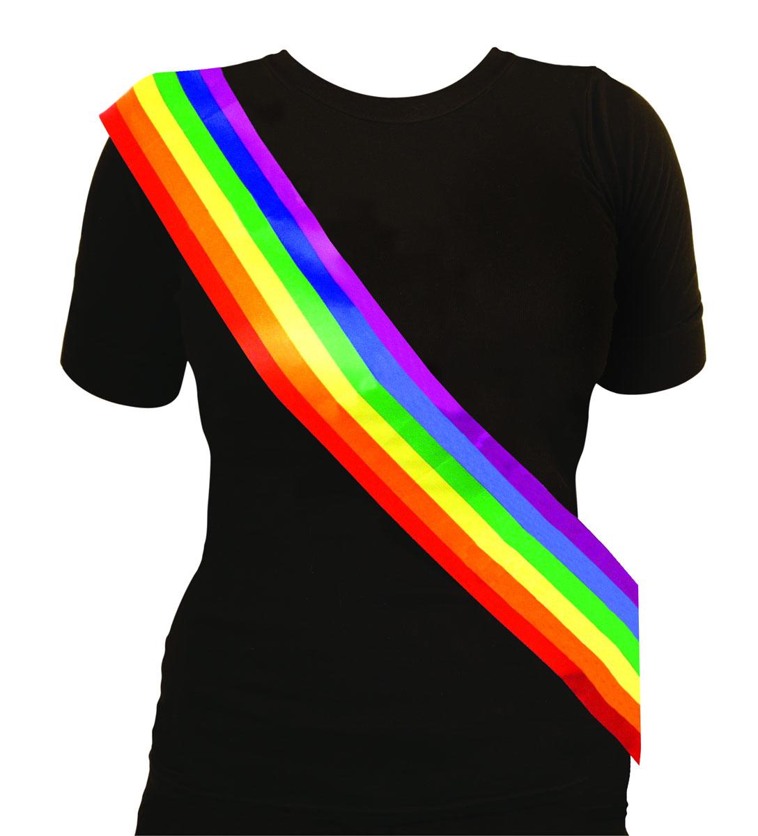 Multi-Coloured Rainbow Sash for pride marches by Henbrandt 9831 available here at Karnival Costumes online party shop