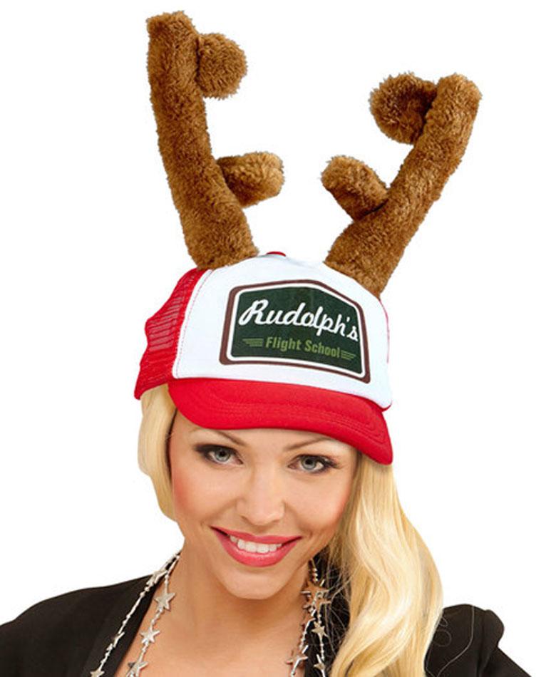Novelty Christmas hat "Rudolph's Flight School" Baseball Cap with plush wired horns 8169 available in the UK here at Karnival Costumes online party shop