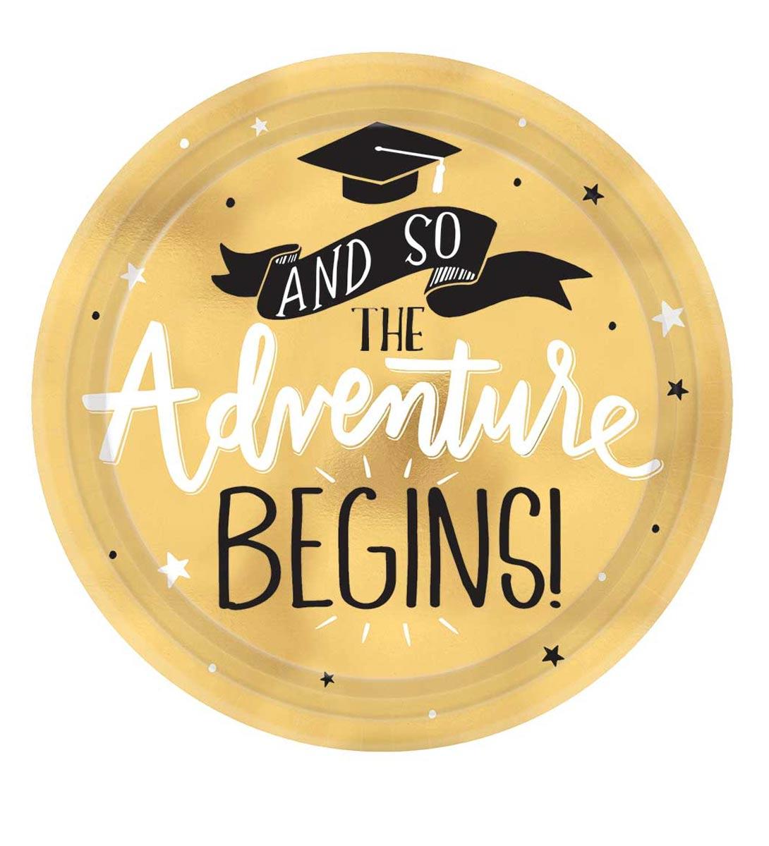The Adventure Begins Foil Paper Plates 18cm pk 8 by Amscan 541942 available here at Karnival Costumes online party shop
