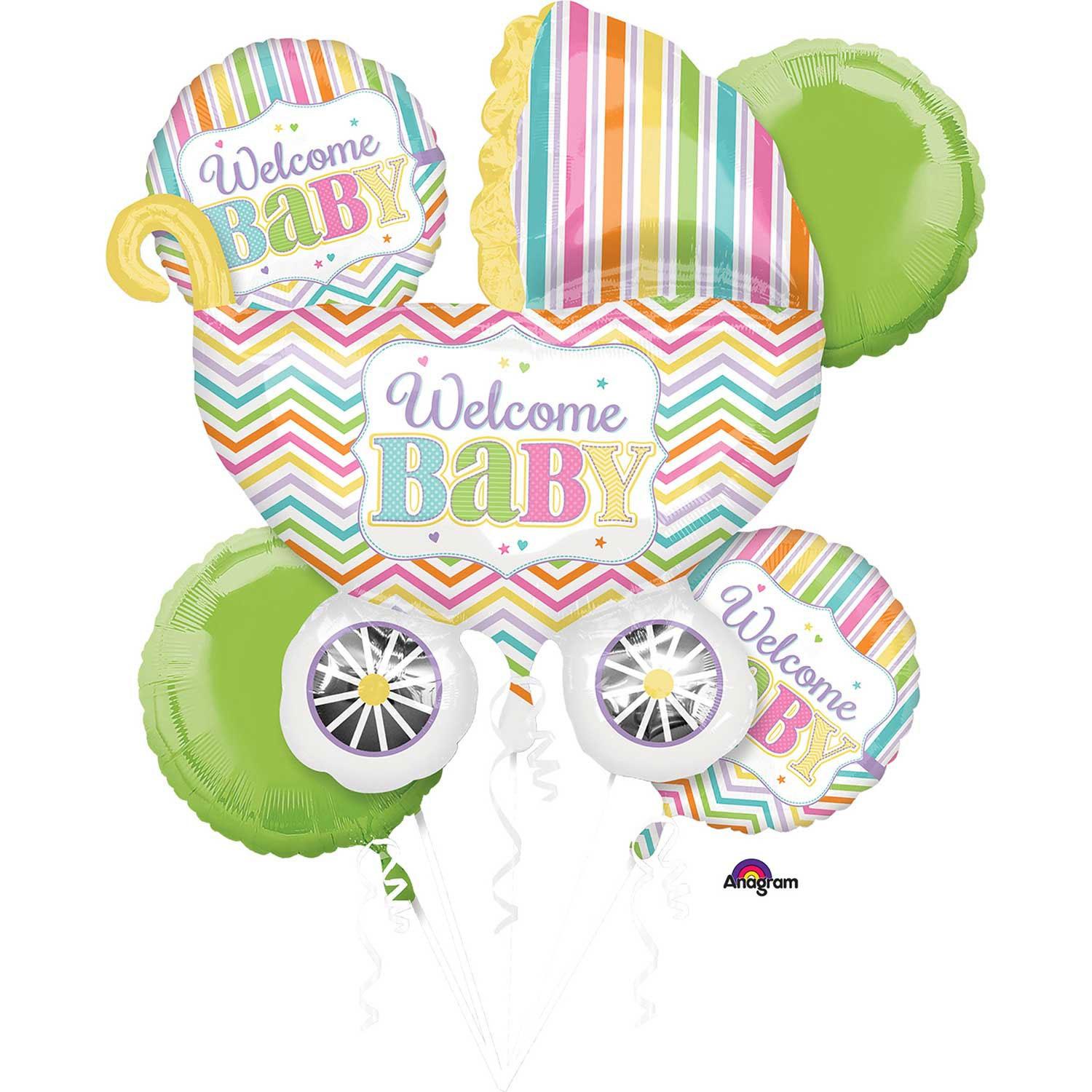 Baby Brights Welcome Baby Foil Balloon Bouquet 5pc by Amscan 3091701 available here at Karnival Costumes online party shop