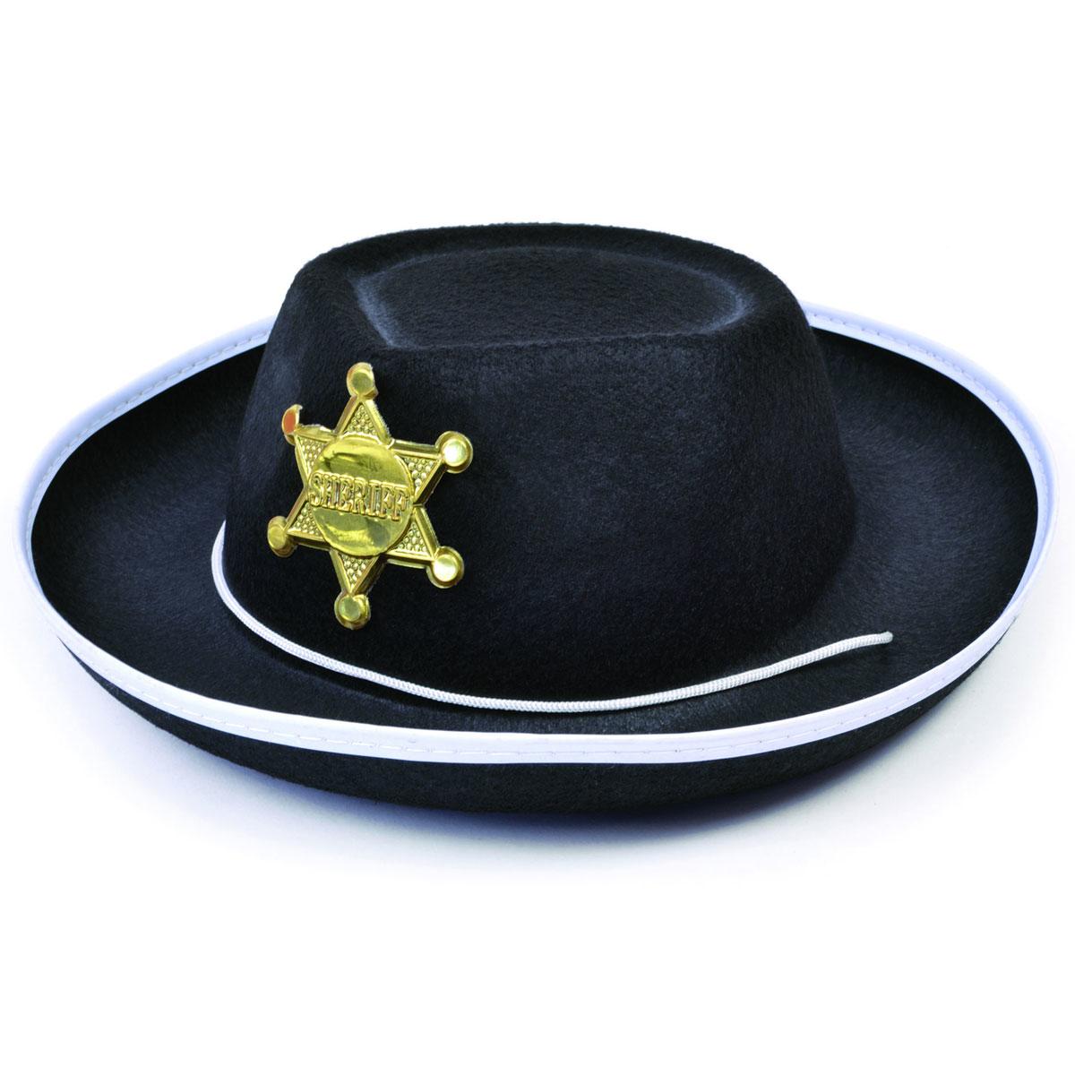 Children's Cowboy Hat in black felt with white trim and gold Sheriff badge BH206 available here at Karnival Costumes online party shop