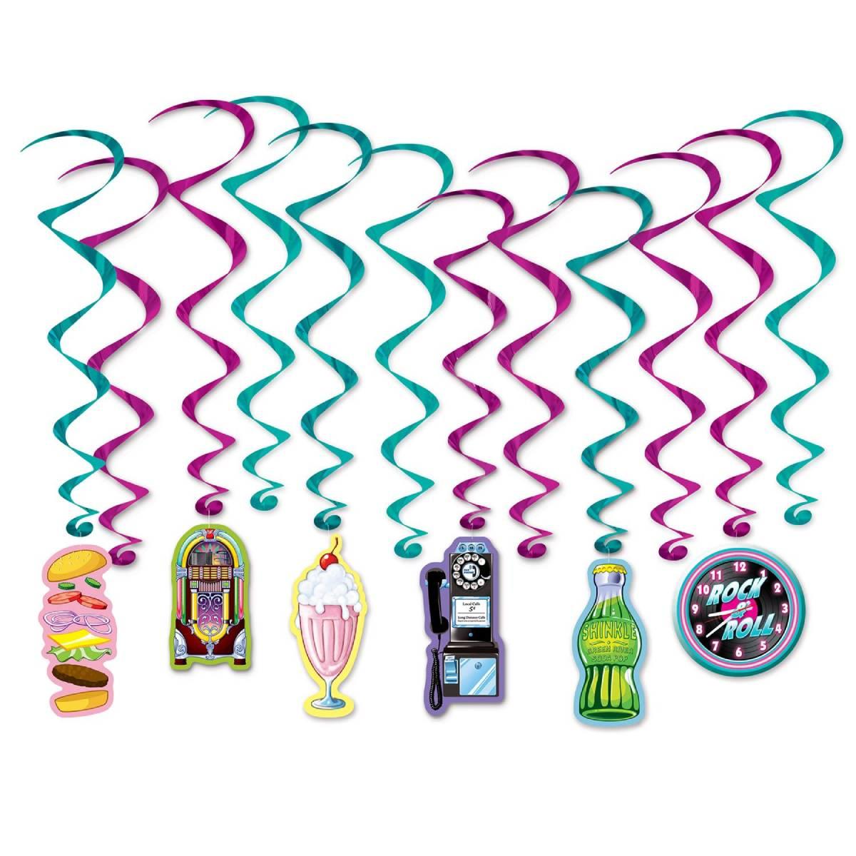 Soda Shop Hanging Whirls Decoration Pack 12pc by Beistle 53471 available here at Karnival Costumes online party shop