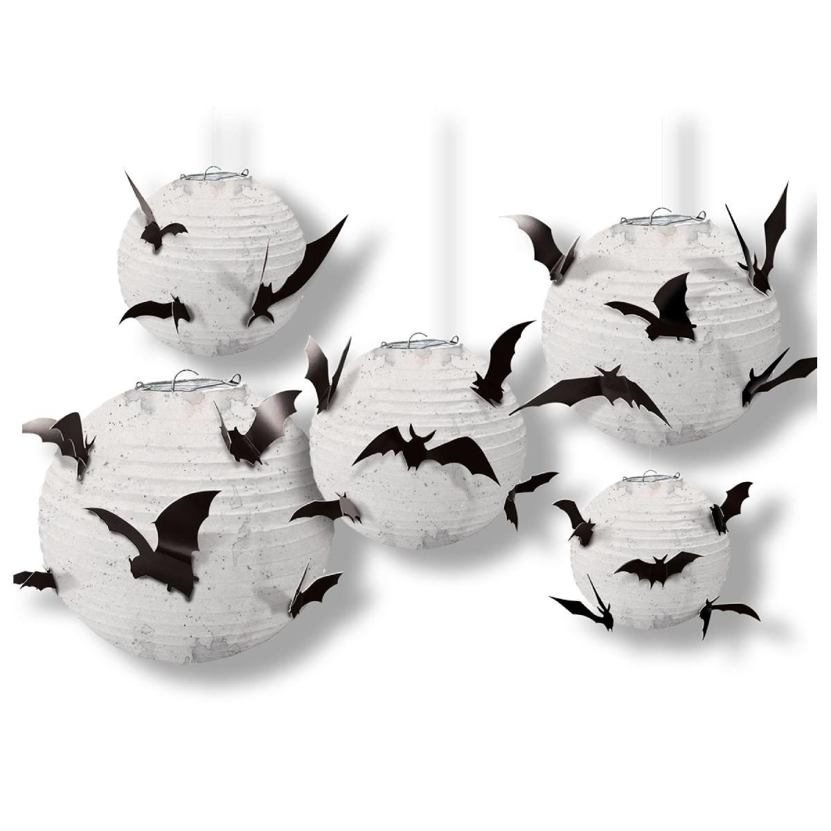 Halloween Paper Lanterns with Black Bats pk5 assorted sizes by Amscan 244164 available here at Karnival Costumes online Halloween party shop