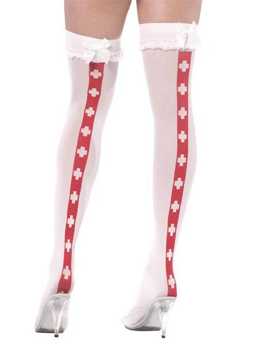 Nurse Thigh High Stockings - White with Red and White Crosses