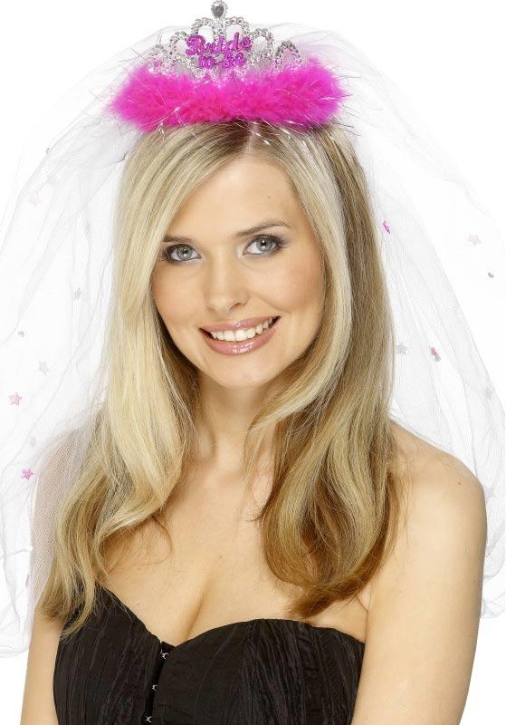 Bride to Be Silver Tiara with Marabou Trim and Veil
