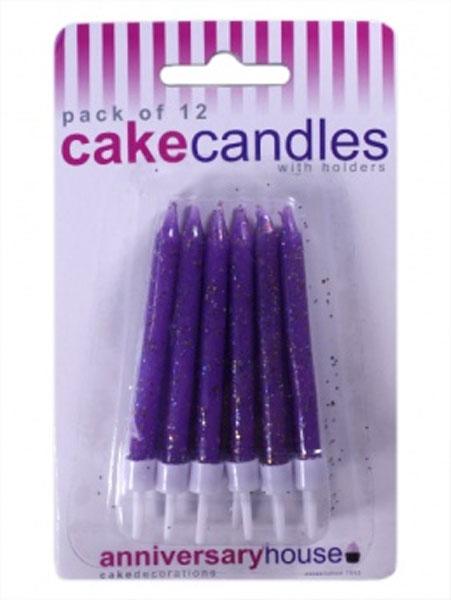 12 Purple Gliter Birthday Candles and Holders by Anniversary House AHC159 from Karnival Costumes