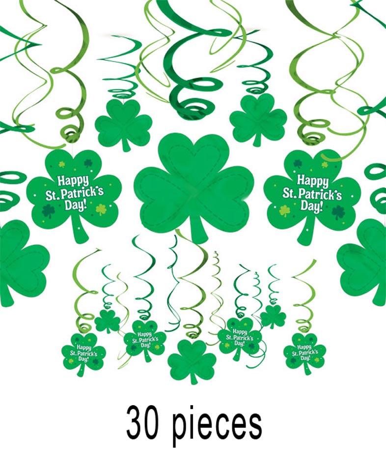 Mega value pack of 30 St Patrick's Day Swirl Party Decorations in green by Amscan 679490 and available from Karnival Costumes online party shop