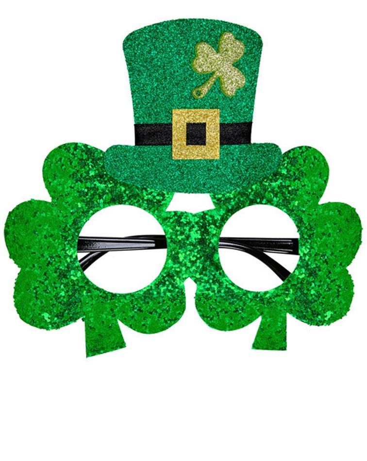 St Patrick's Day Glitter Shamrock Glasses with Mini Top Hat by Widmann 07058 and available here at Karnival Costumes online party shop
