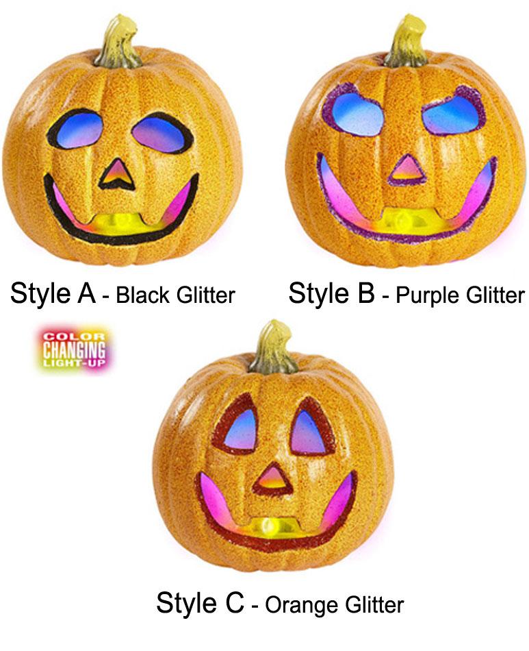 Halloween Glitter Pumpkin with 3 Colour Changing Light in three styles by Widmann 9838Z available here at Karnival Costumes online party shop