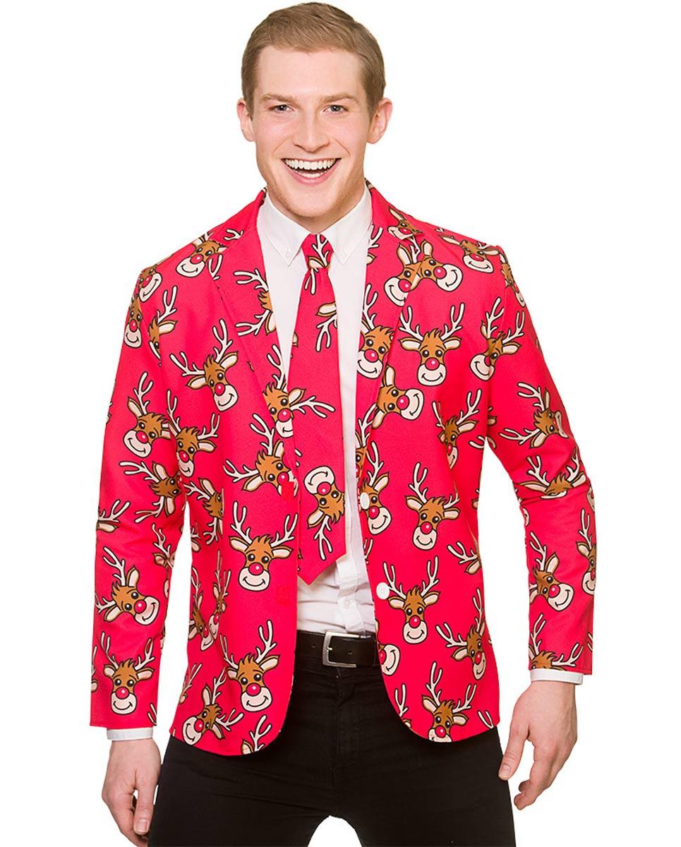 Reindeer Christmas Jacket and Tie by Wicked XM-4642 in sizes med, lrg and xl available here at Karnival Costumes online Christmas party shop