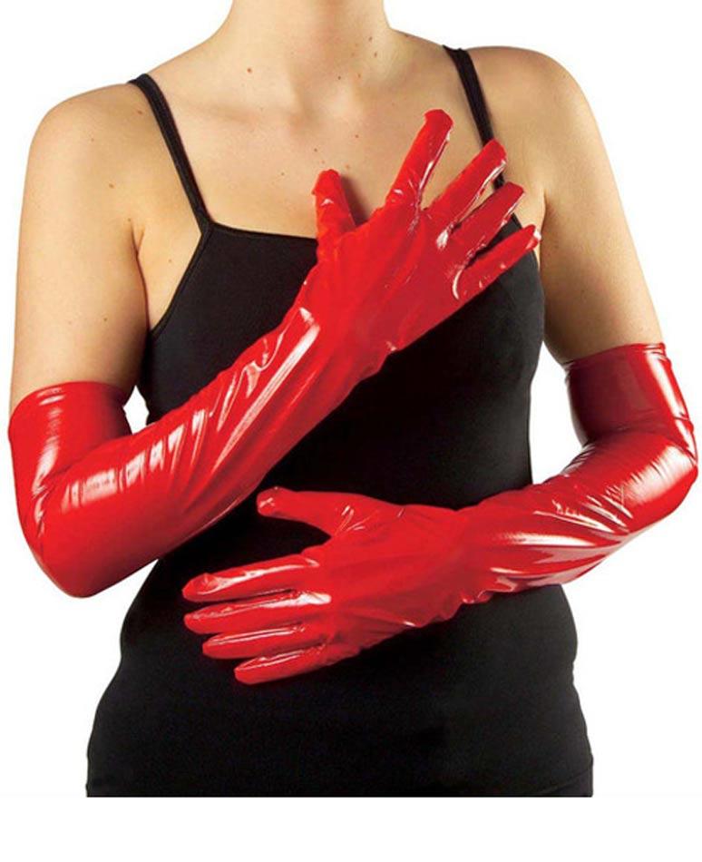 Ladies Long Red PVC Gloves by Widmann 3452R available here at Karnival Costumes online party shop