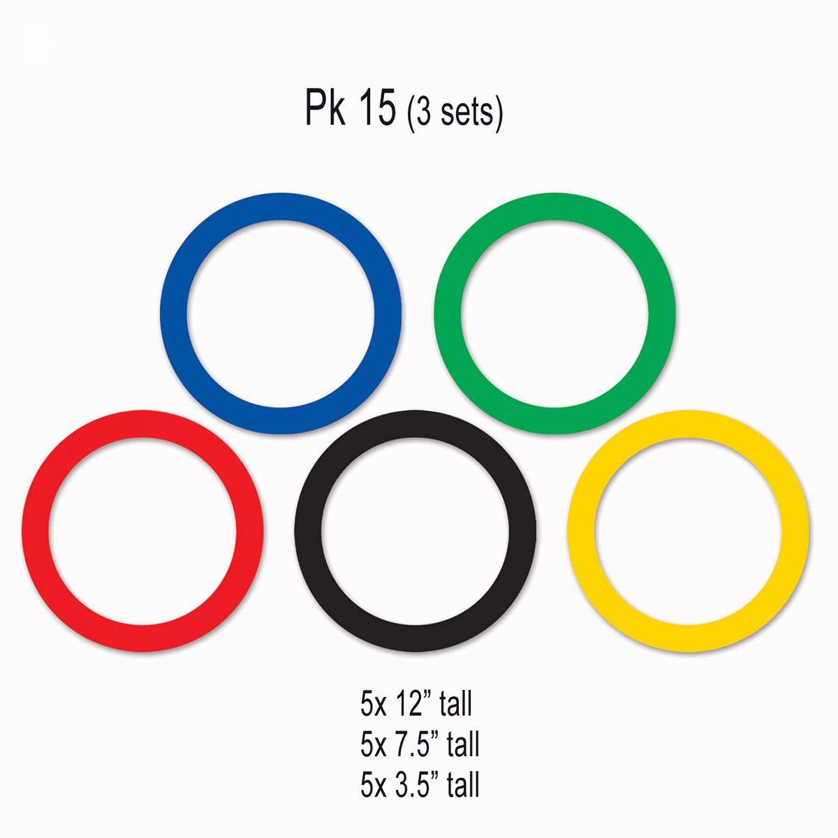 3 sets of Olympic Rings cutouts; sizes 12", 7.5" and 3.5" 15 pcs total available here at Karnival Costumes online party shop