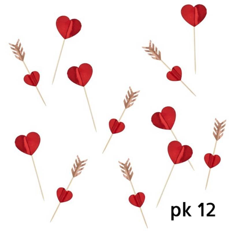 Red Hearts and Red Hearts with Arrows Food Picks mix pk 12 by Club Green HBDV102 available here at Karnival Costumes online party shop