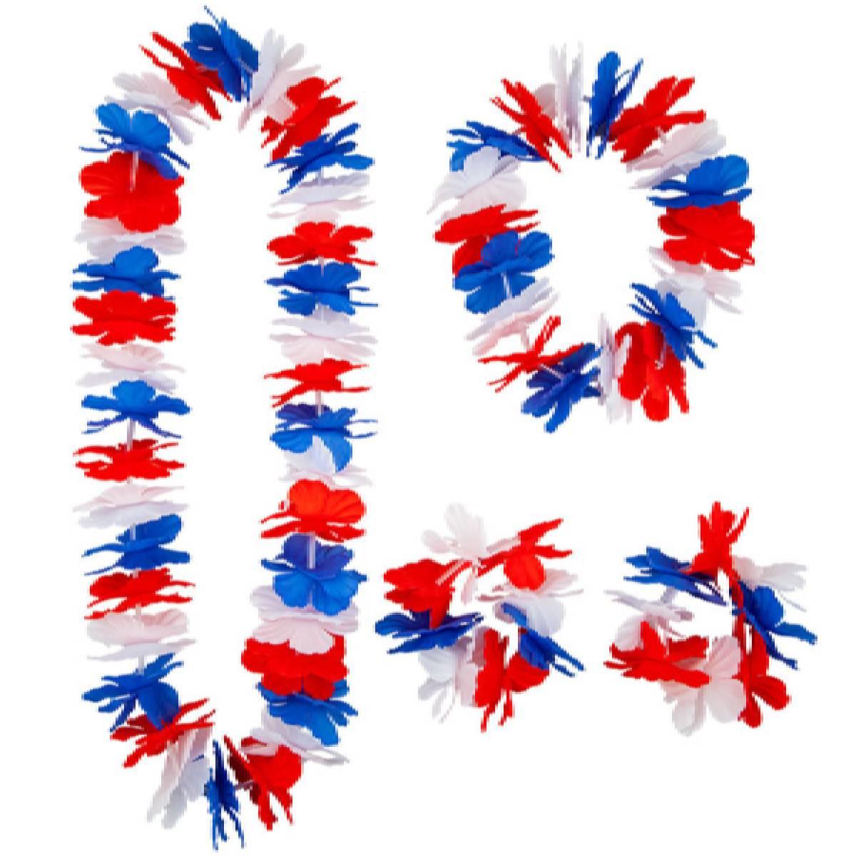 Red, White and Blue Great Britain Hawaiian Lei Set with headpiece and wrist bands. by Wicked HAW-9479 available here at Karnival Costumes online party shop