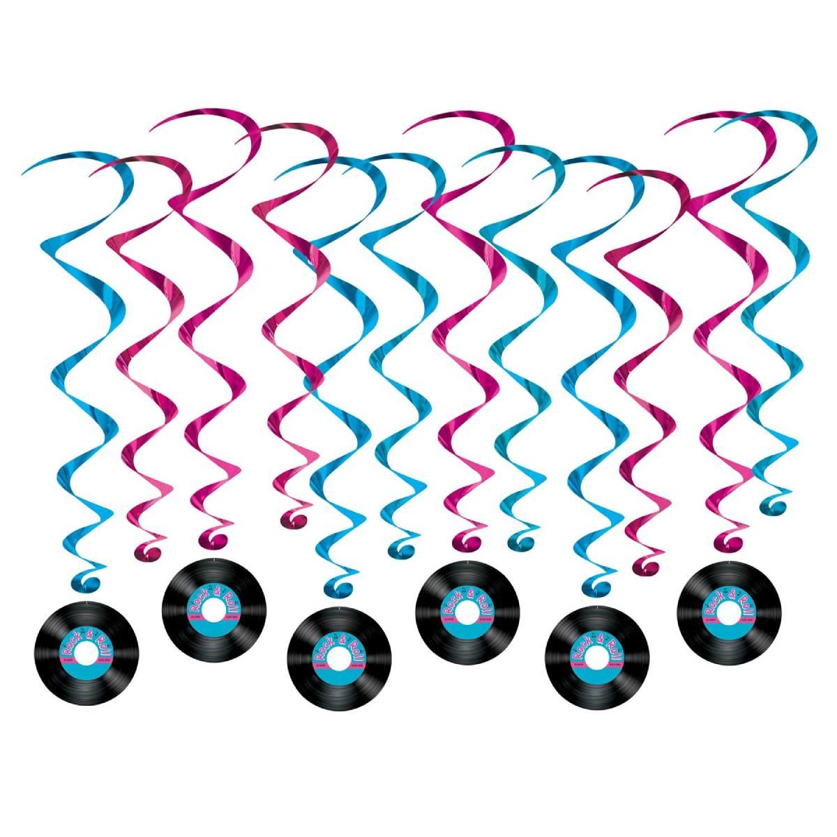 Rock and Roll Records 12pc Whirl Decoration Pack by Beistle 53470 available here at Karnival Costumes online party shop