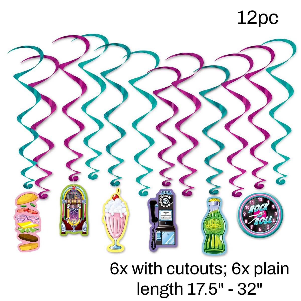Soda Shop Hanging Whirls Decoration Pack 12pc, 6 with cutouts and 6 plain by Beistle 53471 available here at Karnival Costumes online party shop
