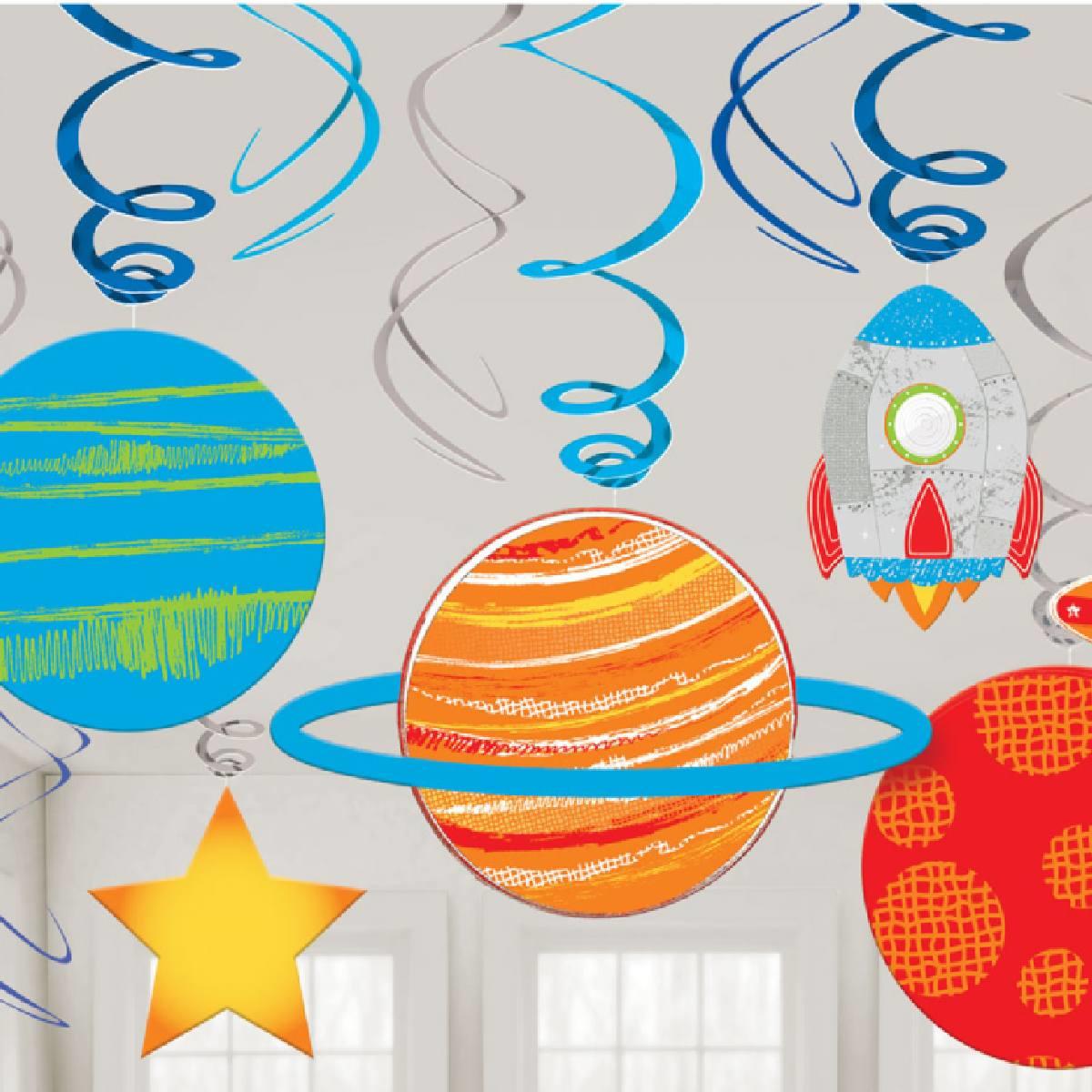 Blast Off Birthday Swirl Decorations pack 12 pcs by Amscan 672278 available here at Karnival Costumes online party shop