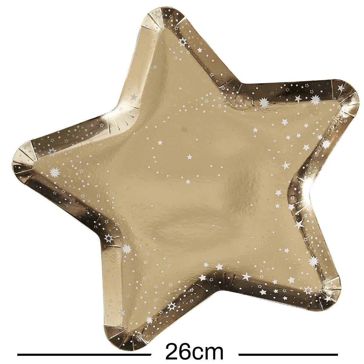Gold Foil Christmas Star Shaped Plates pk8 26cm by Ginger Ray POP-428 available here at Karnival Costumes online party shop
