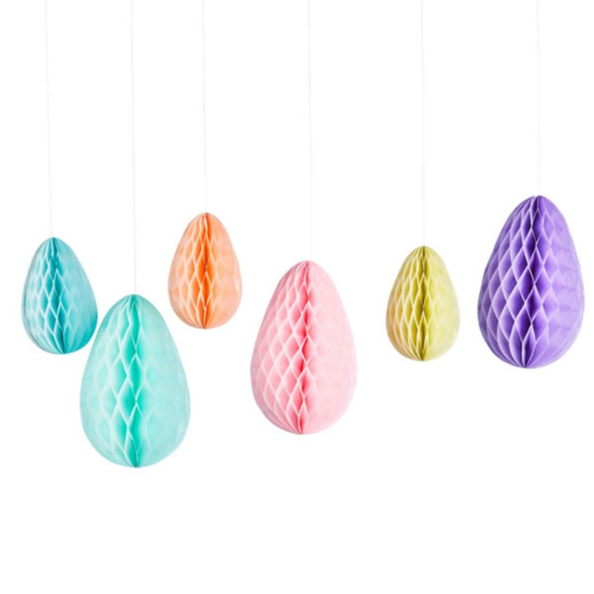 Pastel Coloured Easter Egg Hanging Honeycomb Decorations pk 6 by Club Green HBHE105 available here at Karnival Costumes online party shop