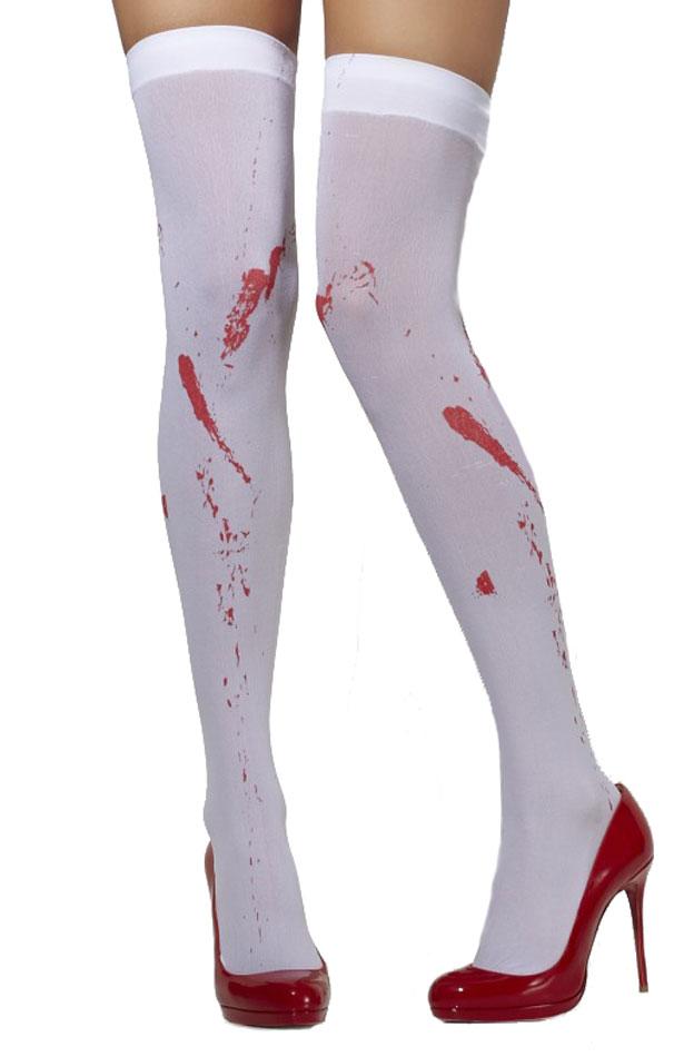 Blood Stained White Thigh High Stockings for Halloween and Hospital costumes by Smiffy 42755 available from a large collection of women's hosiery at Karnival Costumes online party shop