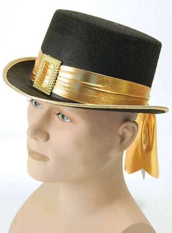 Black Felt Top Hat with Gold Band and Ornate Buckle