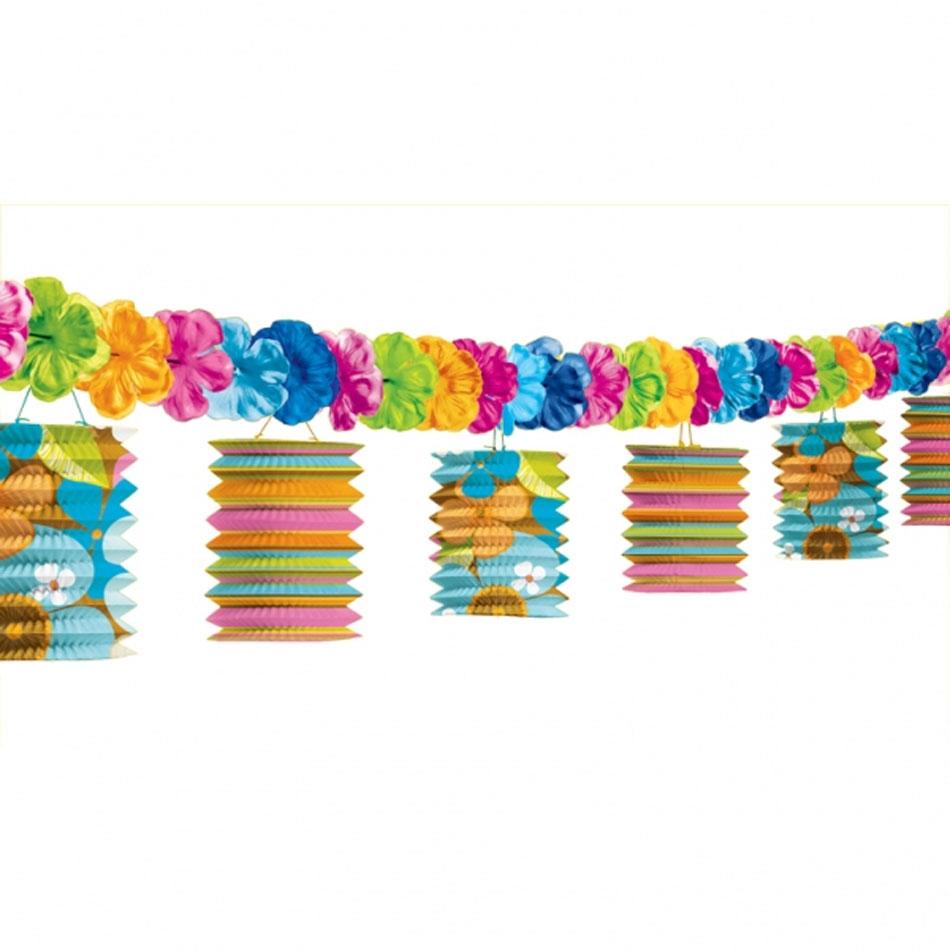 Totally Tiki Lantern Garland measuring 3.7m or 12ft in tropical colours by Amscan 222015 available from Karnival Costumes online party shop