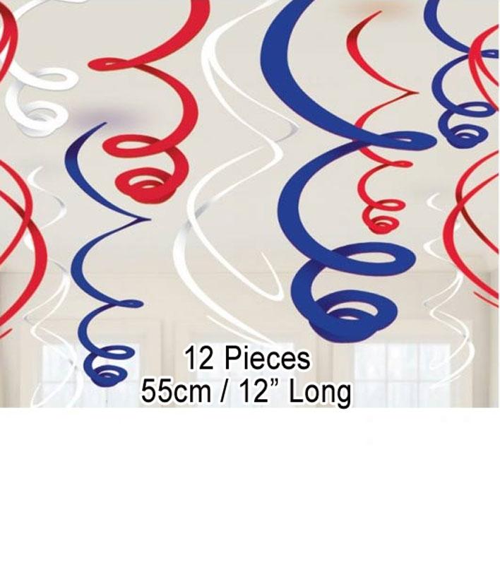 Pack of 12 Red White and Blue Foil Swirl Decorations by Amscan and available from Karnival Costumes