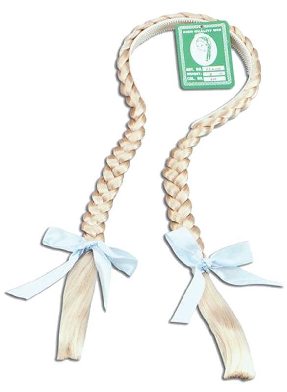 Blonde Plaits on Headband with blue bows by Bristol Novelties BW306 available here at Karnival Costumes online party shop