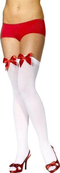 Fever Collection White Hold-up Stockings with Red Bows by Smiffys 42759 available here at Karnival Costumes online party shop