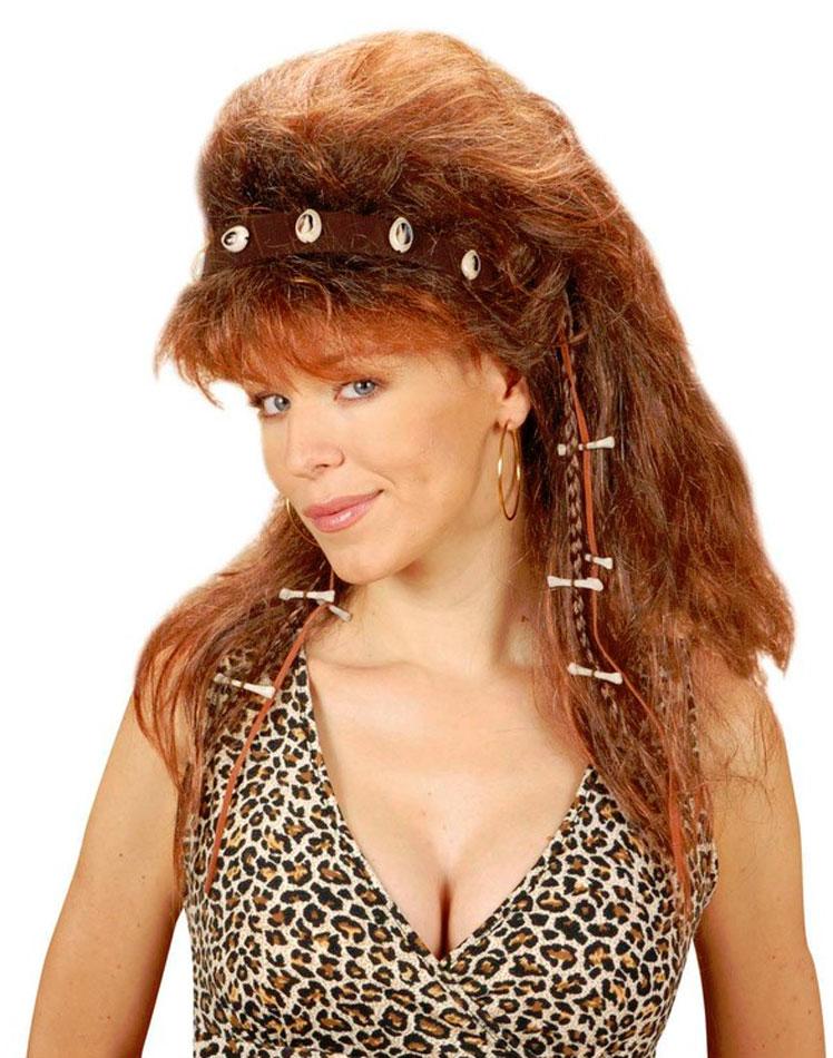 Brown Cavewoman Wig with attached headband and bones by Widmann P1008 available here at Karnival Costumes online party shop