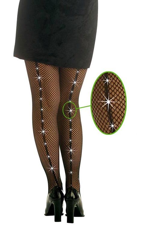 Black Fishnet Tights with Rhinestone Seams by Widmann 4757B available here at Karnival Costumes online party shop