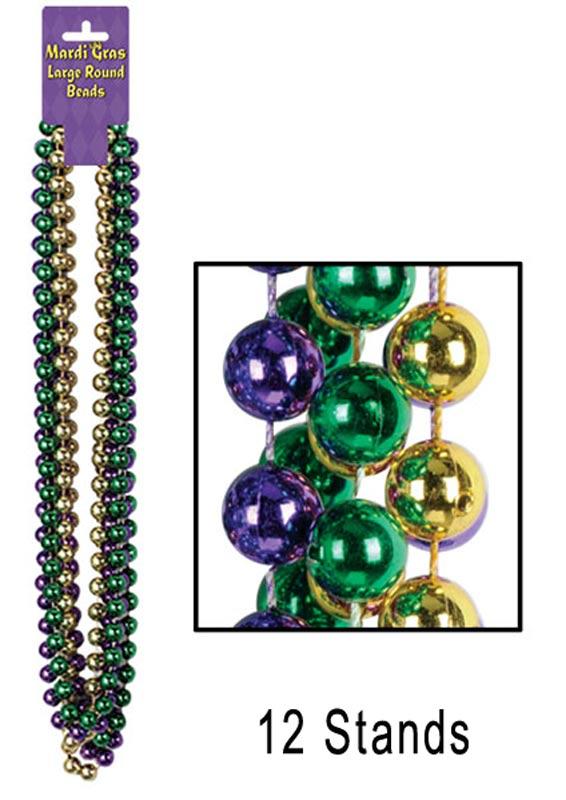 Pack of 12 stands of Mardi Gras Party Beads in three colours, purple, gold and green. Beads are approx 7.5mm dia and the string is 84cm. By Beistle 50570 and available in the UK from Karnival Costumes