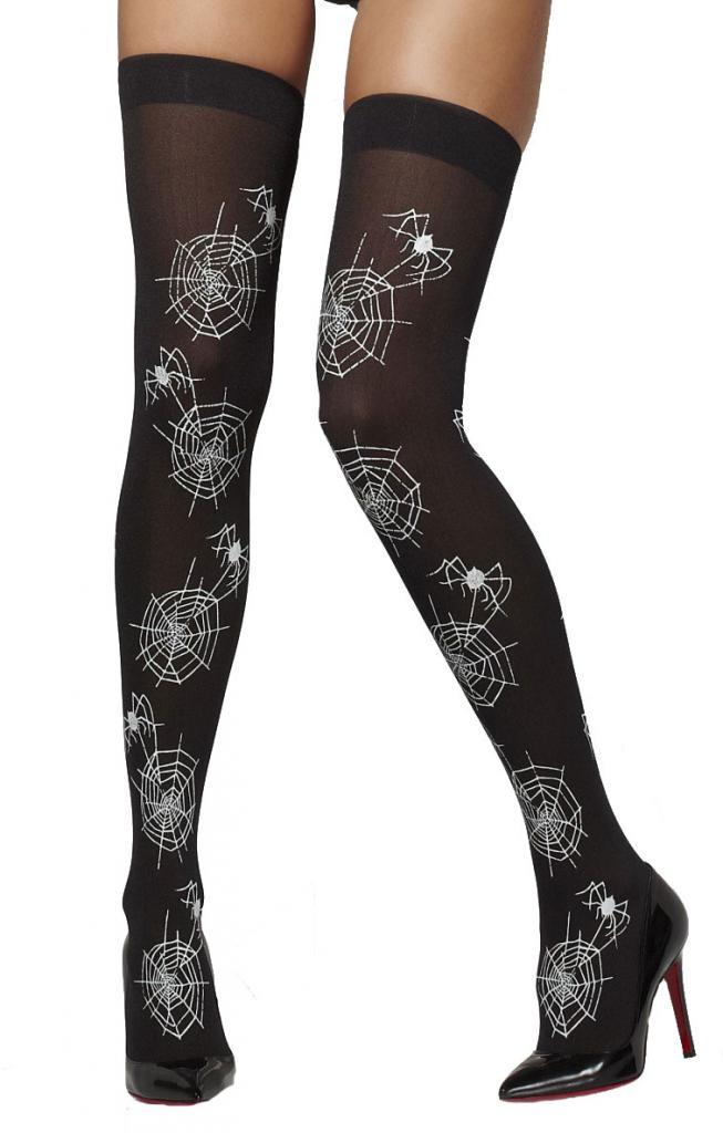 Opaque Black Hold-Ups with GID Spiderweb Print for Halloween at Karnival Costumes