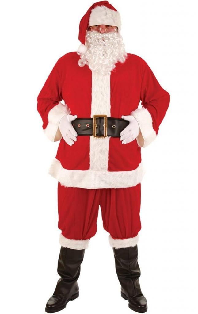 Complete Deluxe Santa Suit costume including top, trousers, gloves, boot tops, beard, glasses, belt and hat by Wicked Costumes XM-4513 from Karnival Costumes
