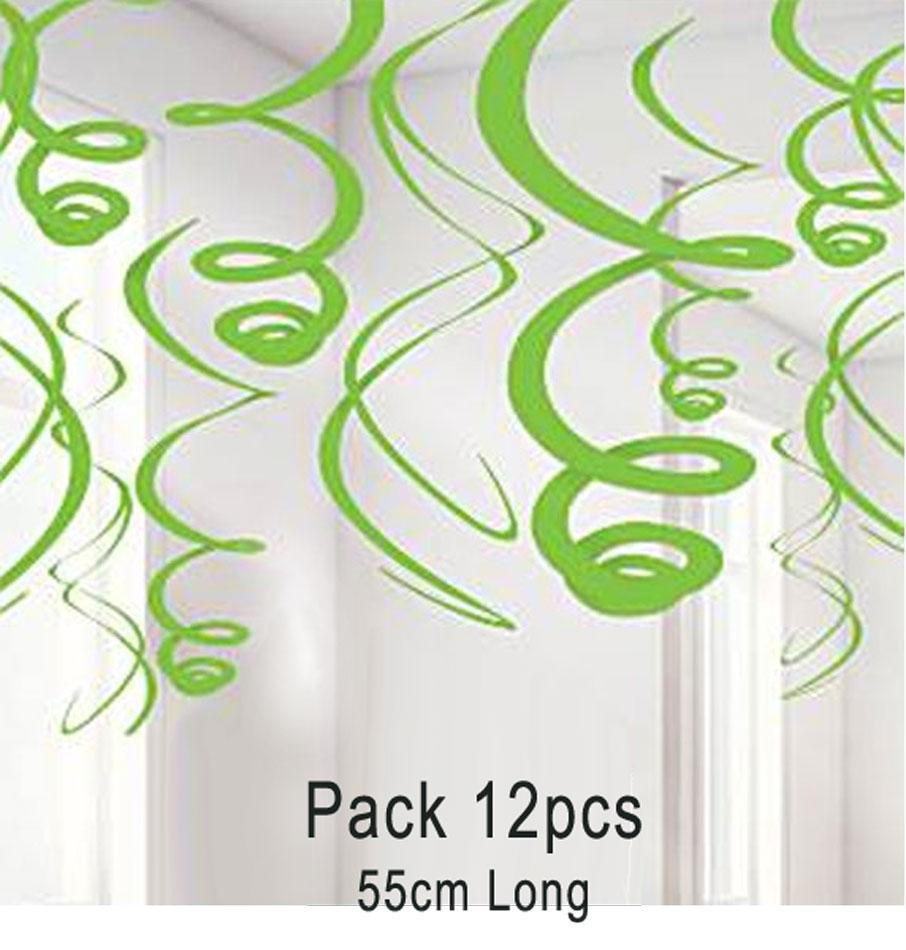 Pack of 12 Green Foil Swirl Decorations each 55cm in length by Amscan 67055-53 and avaolable from Karnival Costumes