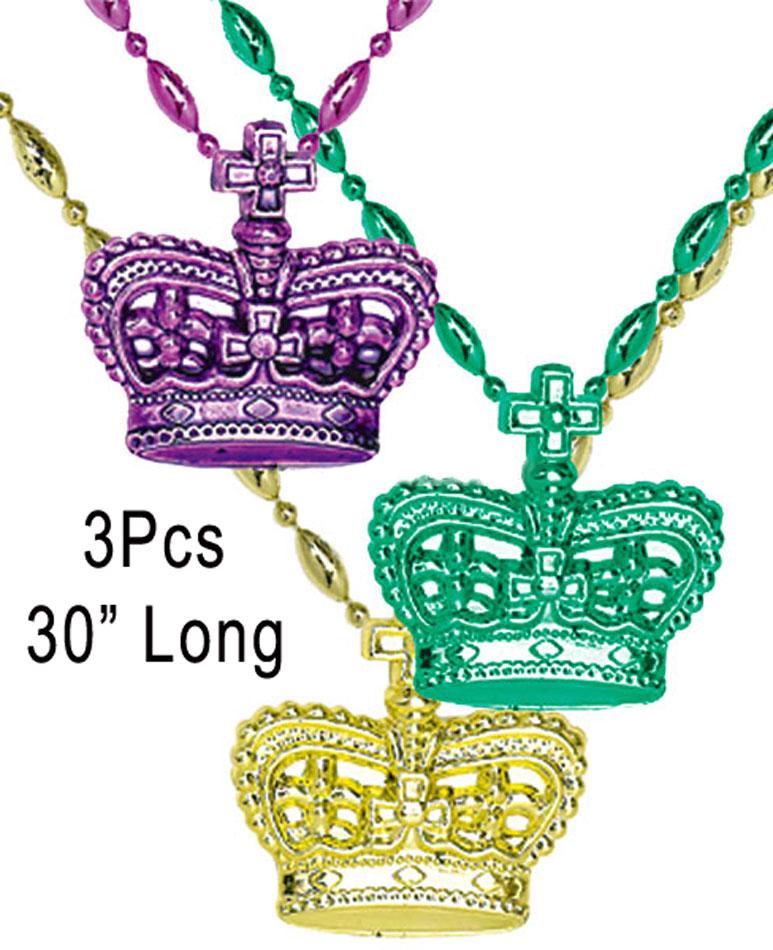 Mardi Gras Party Beads with Crowns, pack of 3 in gold, p[urple and green 390949 available in the UK from Karnival Costumes