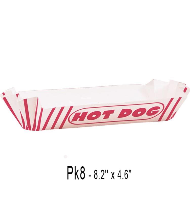 Pack of 8 21cm long Hot Dog Trays in red and white. Pure Americana by Unique 90688 available from Karnival Costumes online party shop
