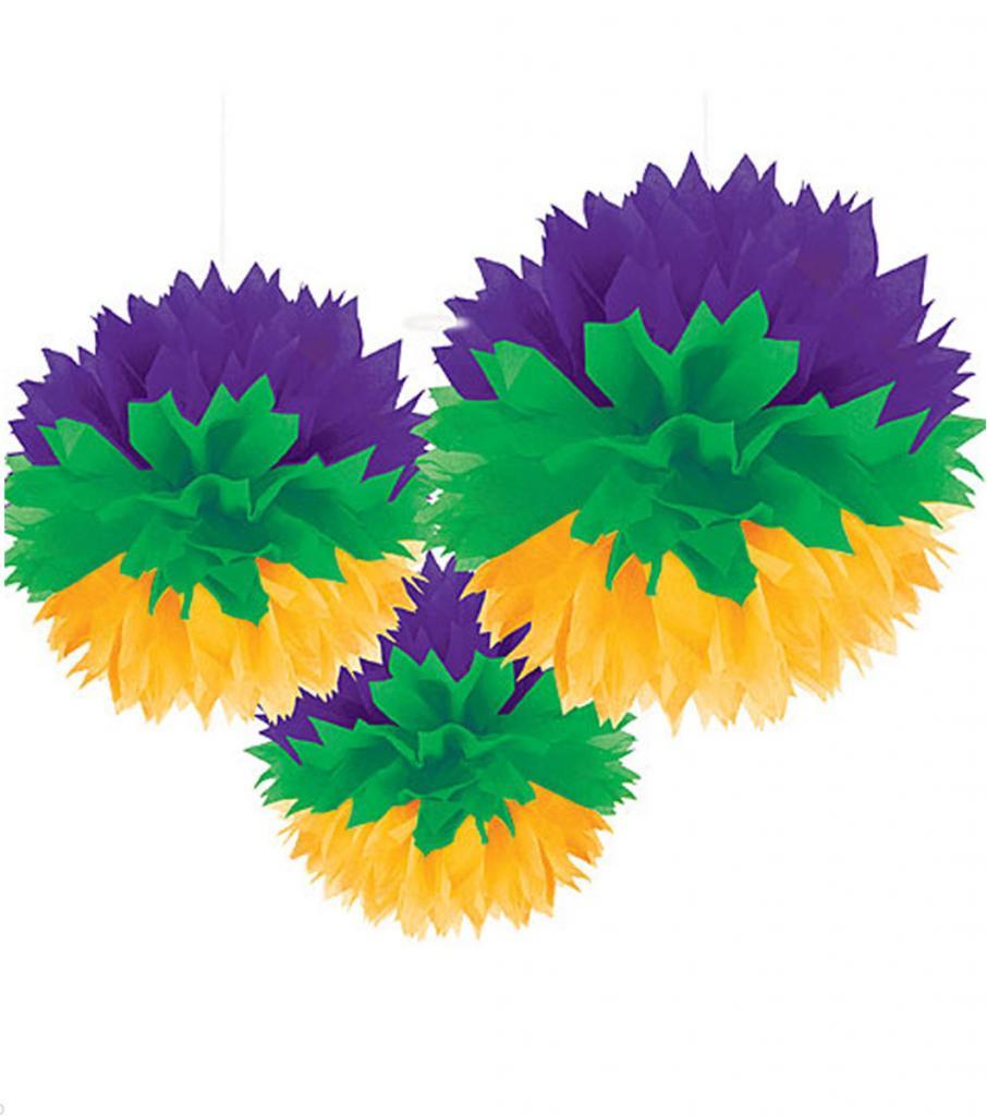 Mardi-Gras Three Fluffy Ball Hanging Decorations by Amscan 180000 and avaiulable in the UK from Karnival Costumes