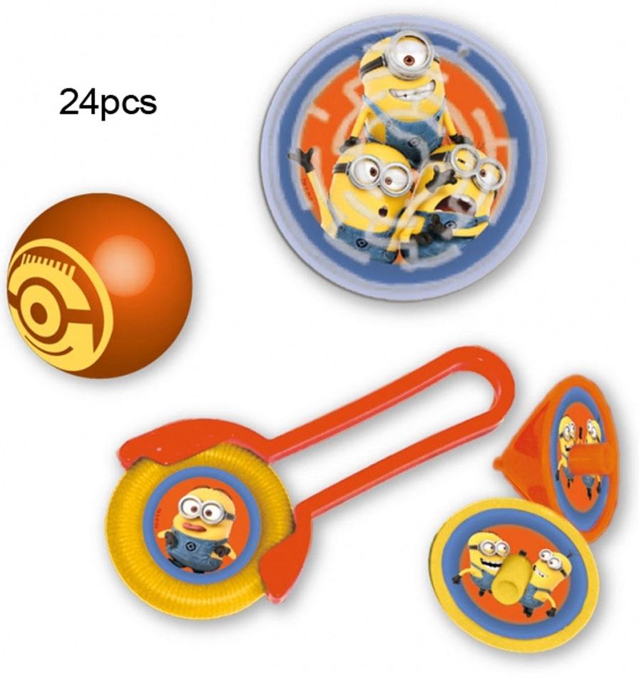 Despicable ME Minions Party Favours pack of 24pcs in orange, blue and yellow. Includes flying discs, super bounce balls, spinning tops and maze games. By Amscan 997984 and available at huge discount here at Karnival Costumes online party shop